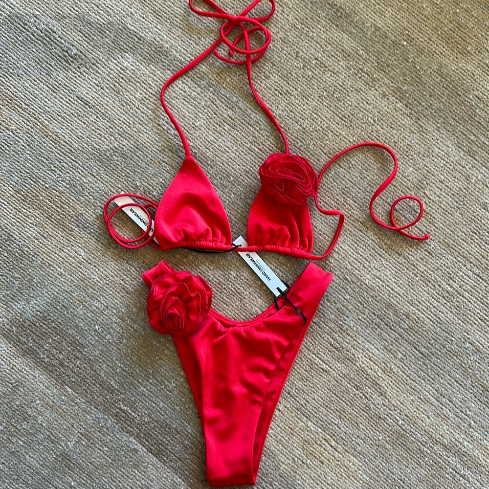 Red Floral Accent Triangle Bikini Set - Women Swim
